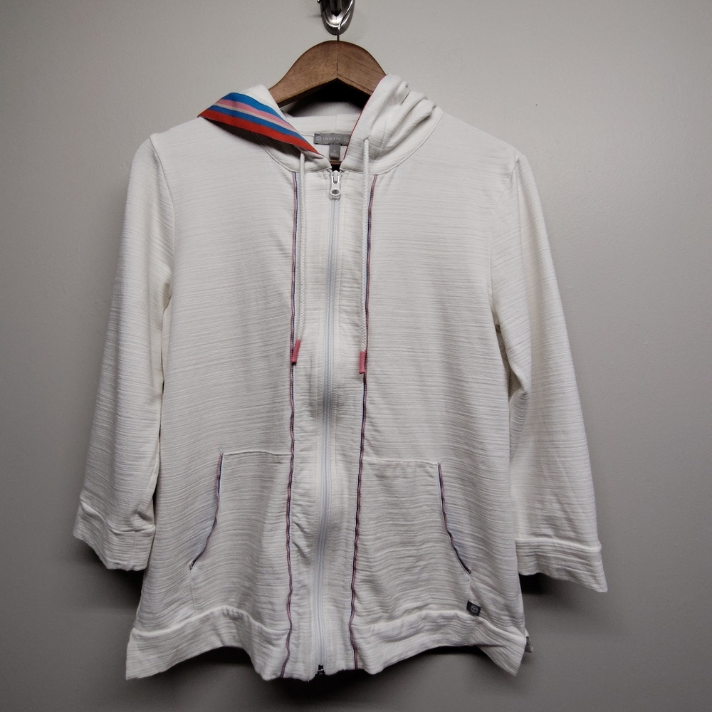 T By Talbots Hooded Light Jacket Women Size S White Full Zip Pockets 3/4 Sleeve